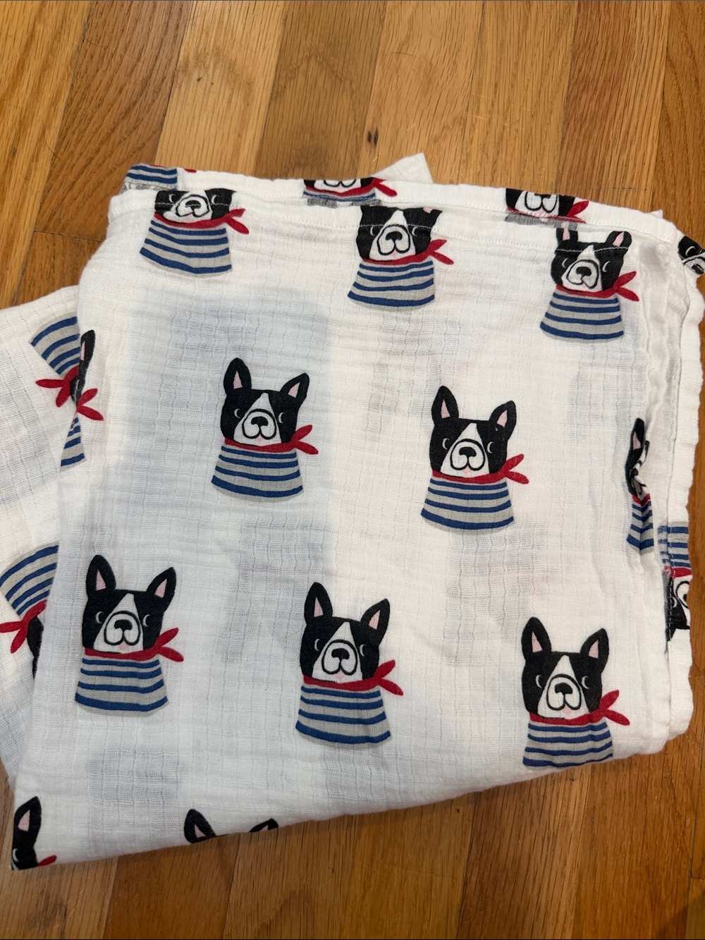 Kids Muslin Blanket with Blue-Striped Dog Print and Red Accents